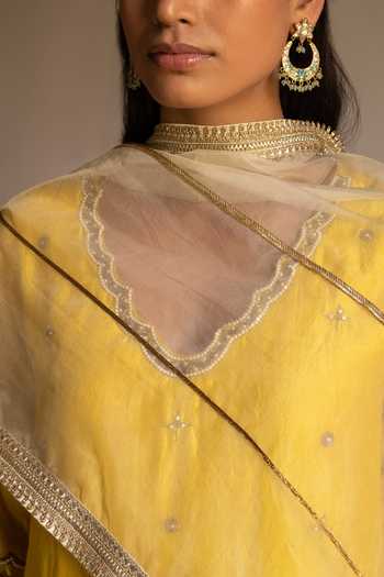 Buy_Shorshe Clothing_Yellow Chanderi, Silk Embroidery V-neck And Zari Kurta With Pant_Online_at_Aza_Fashions