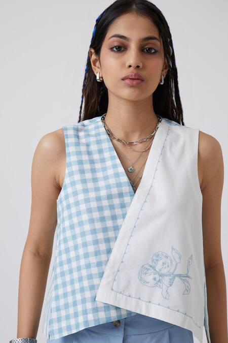 Buy_The Summer House_Blue Handloom Cotton Embroidery V-neck Hera Gingham Pattern Overlap Top_Online_at_Aza_Fashions