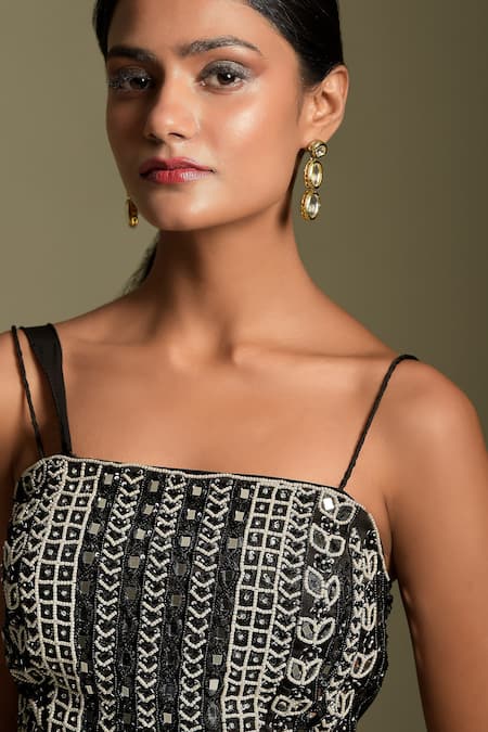 Buy_Two Sisters By Gyans_Black Bustier Crepe, Pants Satin Sequin, Mirror And Embroidered Blouse & Set _Online_at_Aza_Fashions