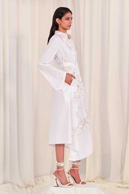 Buy_AK-OK_White Cotton Embroidery Collared Floral Applique Shirt Dress _Online_at_Aza_Fashions