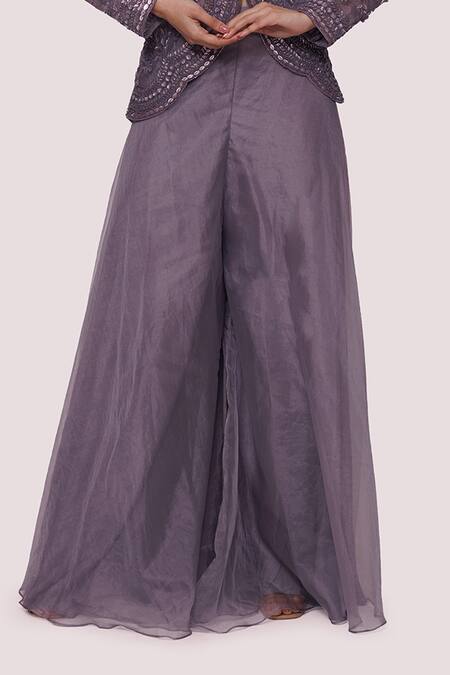 Onaya_Grey Georgette Sequins, Metallic Thread Embellished Kurta And Flared Pant Set_Online_at_Aza_Fashions