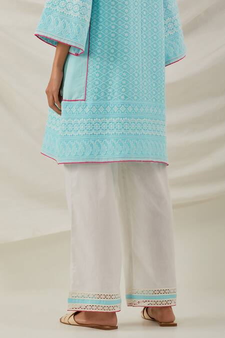 Buy_The Indian Cause_Blue Cotton Piping, Embroidery Round Neck Chikankari Kurta With Contrast Palazzo_Online_at_Aza_Fashions