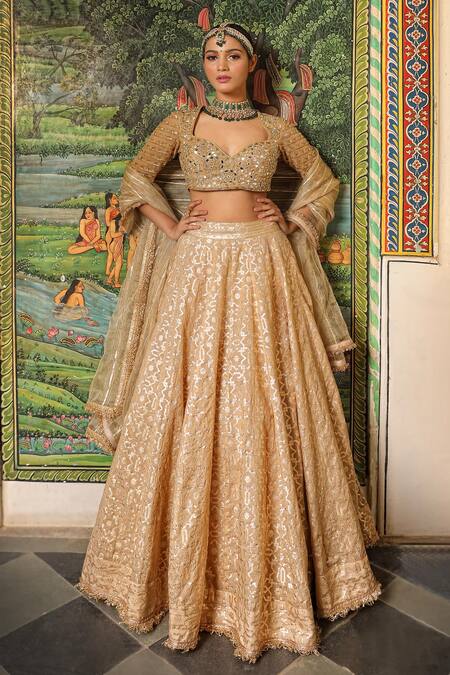 Shop_Neha Khullar_Beige Organza, Net, Chanderi Silk Woven Geometric Pattern Bridal Lehenga Set _Online_at_Aza_Fashions