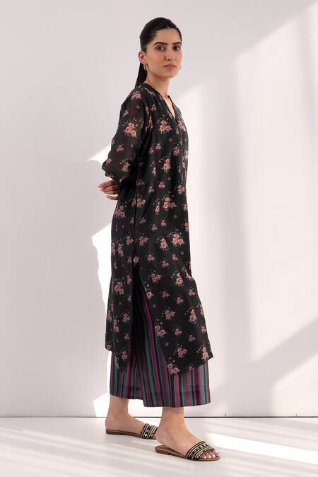 Buy Label Shreya Sharma Black Chanderi Embroidery, Sequins Mandarin Printed Kurta And Flared Pant Set Online at Aza Fashions Buy_Label Shreya Sharma_Black Chanderi Embroidery, Sequins Mandarin Printed Kurta And Flared Pant Set _Online_at_Aza_Fashions