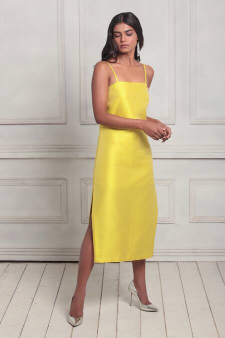 Buy_Couché By Anandini_Yellow Tussar Square Neck Plain Tussord Tweed Midi Slit Dress _Online_at_Aza_Fashions