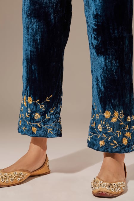 Buy_Anantaa By Roohi_Blue Velvet Floral Embroidered Placed Palazzo Pant _Online_at_Aza_Fashions