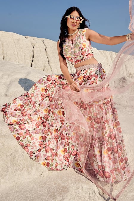 Buy_Nikita Vishakha_Purple Georgette, Modal, Mohair Embroidery Split Floral Print Tiered Lehenga Set _Online_at_Aza_Fashions