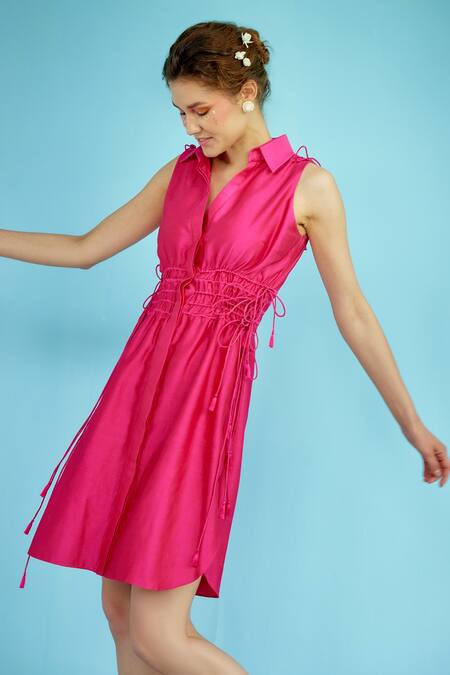 Buy Garima Bindal Fuchsia Chanderi, Silk Ivy A-line Shirt Dress Online at Aza Fashions Buy_Garima Bindal_Fuchsia Chanderi, Silk Ivy A-line Shirt Dress _Online_at_Aza_Fashions