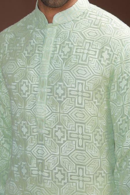 Buy_Kasbah_Green Georgette Embroidery Chikankari Mandarin Collar Kurta_Online_at_Aza_Fashions
