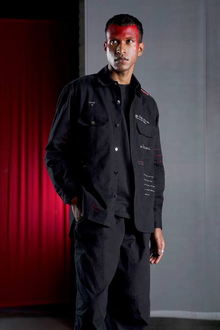 Buy_Pocketful Of Cherrie_Black 100% Cotton Hand Embroidered Thread Work Shirt _Online_at_Aza_Fashions
