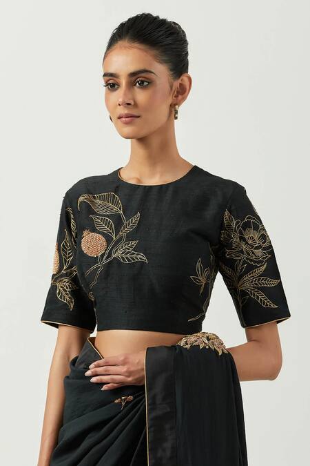 Buy Label Earthen Black Chiffon Embroidery Round Neck Surma Zardozi Work Anar Saree With Blouse Online at Aza Fashions Buy_Label Earthen_Black Chiffon Embroidery Round Neck Surma Zardozi Work Anar Saree With Blouse _Online_at_Aza_Fashions