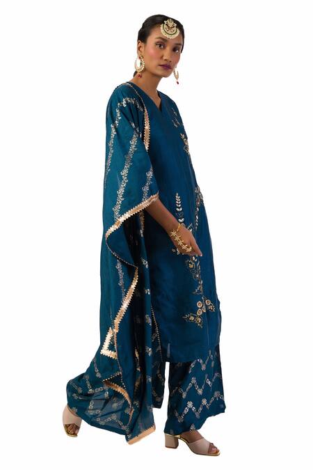 Buy Meghna Shah Blue Denim Beads, Stones V-neck V Kurta Palazzo Set Online at Aza Fashions Buy_Meghna Shah_Blue Denim Beads, Stones V-neck V Kurta Palazzo Set _Online_at_Aza_Fashions