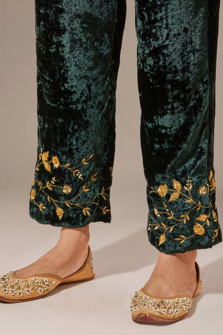 Buy_Anantaa By Roohi_Green Velvet Floral Embroidered Palazzo Pant _Online_at_Aza_Fashions