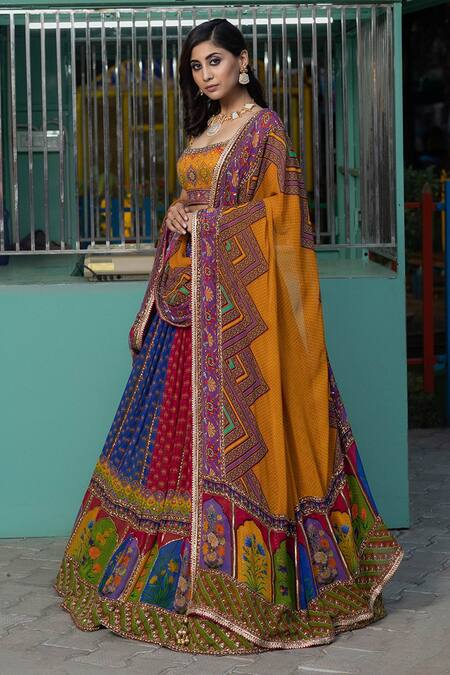 Buy Irrau By Samir Mantri Multi Color Georgette, Net Sequins, Cut Work, Mughal Print Panelled Lehenga Set Online at Aza Fashions Buy_Irrau By Samir Mantri_Multi Color Georgette, Net Sequins, Cut Work, Mughal Print Panelled Lehenga Set _Online_at_Aza_Fashions