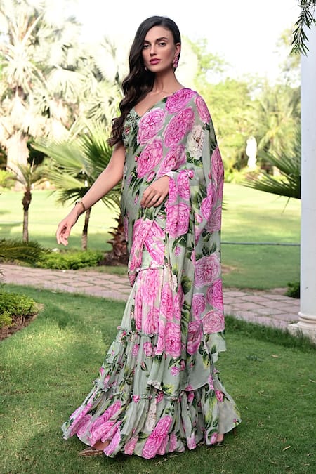 Buy_Sanam_Green Chiffon, Silk Sequins, Cut Nicolette Pre-draped Sharara Saree And Blouse Set 