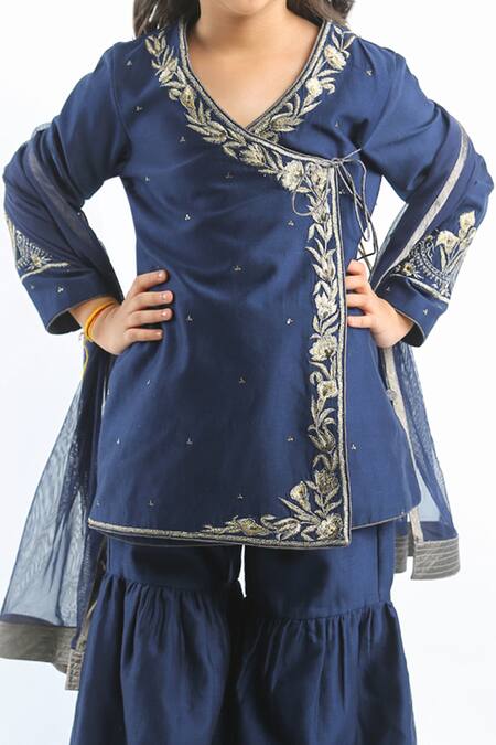 Buy_Bal Bachche By Rohit Bal_Blue Chanderi Embroidered Floral Angrakha Sharara Set_Online_at_Aza_Fashions