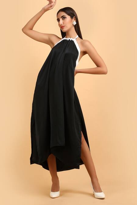 Buy_Label Ivish_Black Silk, Satin Halter Neck Tent Dress _Online_at_Aza_Fashions