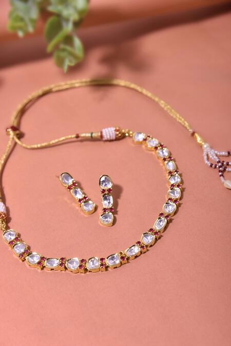 Buy Gold Plated Polki Choker Necklace Set by Swabhimann Jewellery Online at  Aza Fashions.