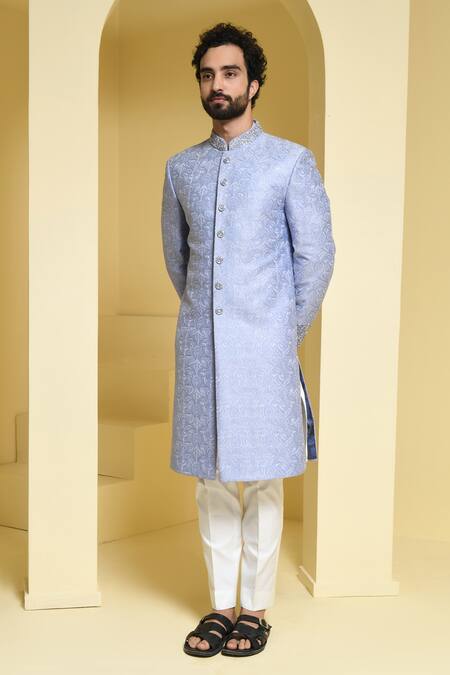 Buy_Kustomeyes_Blue Silk Embroidery Floral Sherwani Set _Online_at_Aza_Fashions