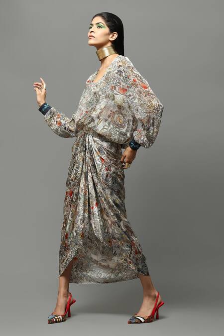 Shop_AK-OK_Multi Color Lycra, Chiffon, Satin Abstract Print Sweatshirt Draped Skirt Set _Online_at_Aza_Fashions