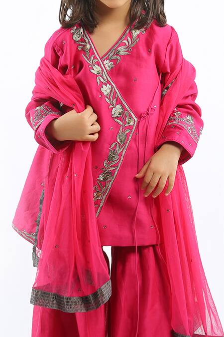 Buy_Bal Bachche By Rohit Bal_Fuchsia Chanderi Embroidered Floral Angrakha Sharara Set_Online_at_Aza_Fashions