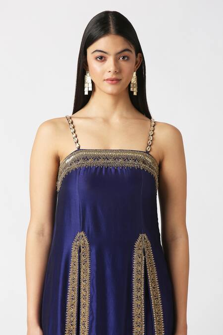 Buy_Labbada_Blue Kurta Chanderi Hand Embroidered Marodi Square Neck Slit And Palazzo Set_Online_at_Aza_Fashions