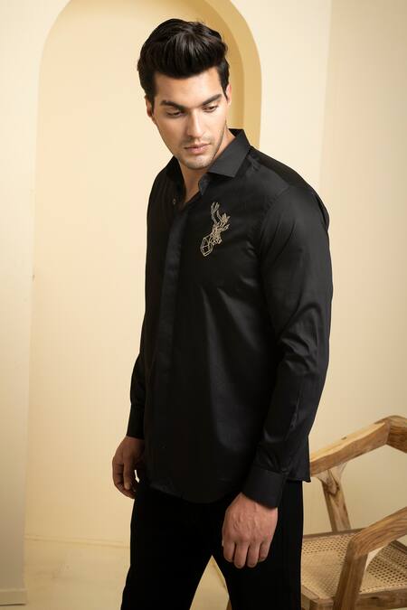 Buy_Hilo Design_Black Gingham Embroidery Perto Reindeer Shirt _Online_at_Aza_Fashions