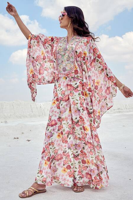 Buy_Nikita Vishakha_Pink Organza, Georgette Embroidery V-neck Floral Print Kaftan And Flared Pant Set _Online_at_Aza_Fashions