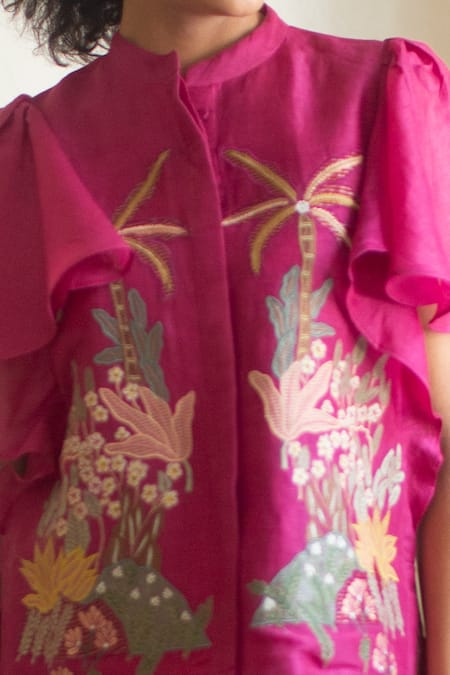 Buy_Oja_Pink Pant  , Shirt  Linen Hand Embroidered And Set _Online_at_Aza_Fashions