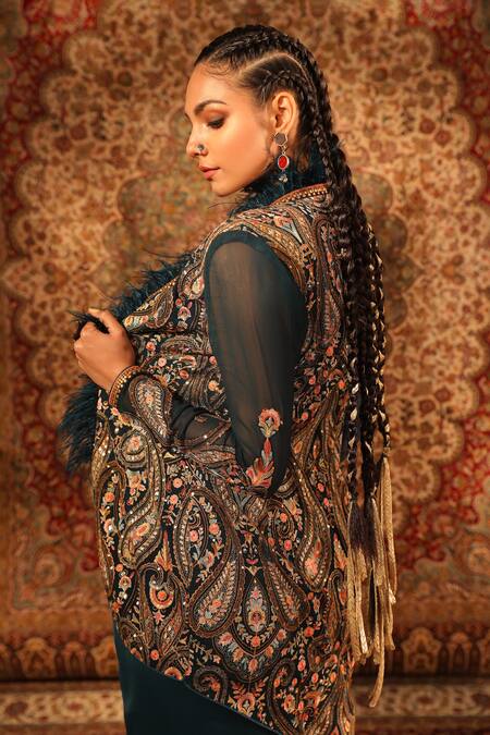 Buy_Aditi Gupta_Green Satin Woven And Embroidered Jamawar Pattern Asymmetric Draped Skirt Set _Online_at_Aza_Fashions