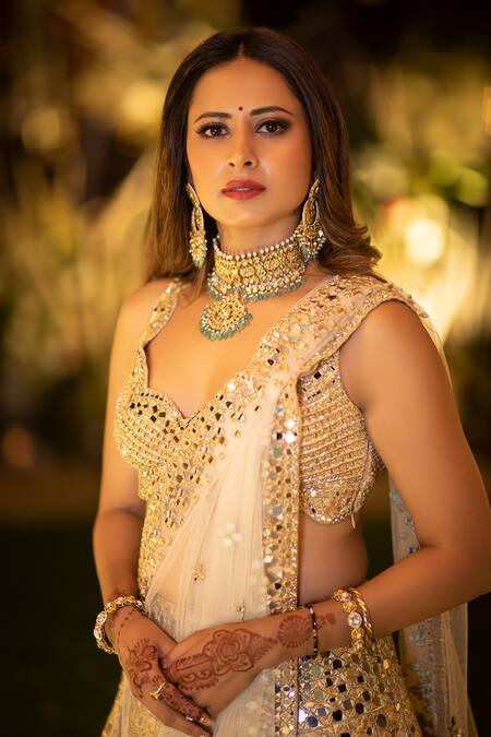 Buy_Abhinav Mishra_Gold Net Gota, Mirror, Zari Scoop Neck Embroidered Bridal Lehenga Set_Online_at_Aza_Fashions