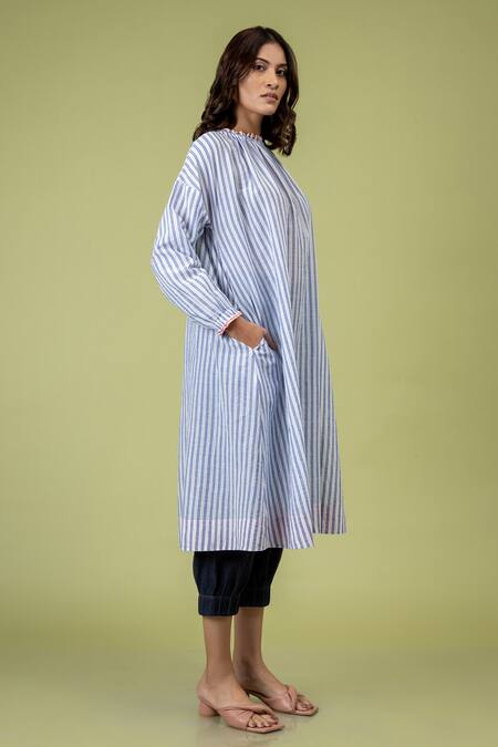 Buy_Doodlage_Blue Upcycled Cotton Striped Round Jaylen Tunic_Online_at_Aza_Fashions