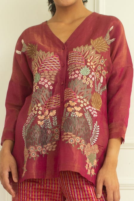 Buy_Oja_Pink Handloom Silk Applique V Neck Embroidered Shirt With Pant _Online_at_Aza_Fashions