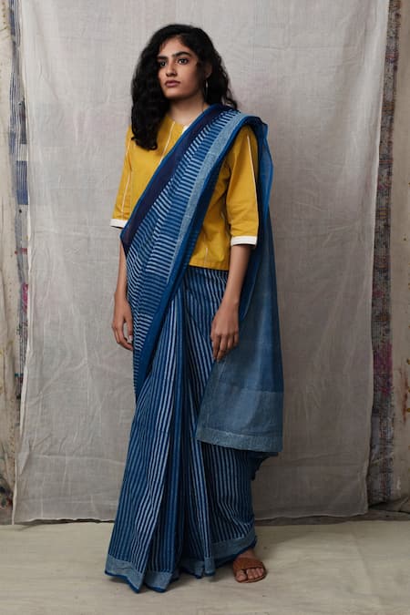 Buy_Banana Labs_Blue Cotton Stripe Round Saree With Crop Top _Online_at_Aza_Fashions