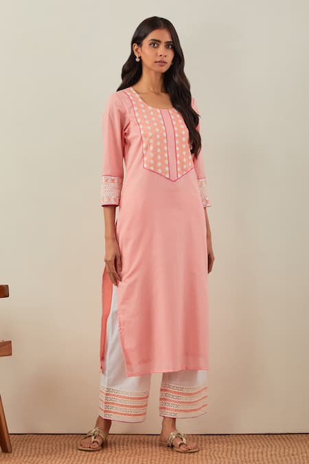 Buy_The Indian Cause_Peach Cotton Mirrors, Beads Round Neck Rooh Yoke Embroidered Kurta _Online_at_Aza_Fashions