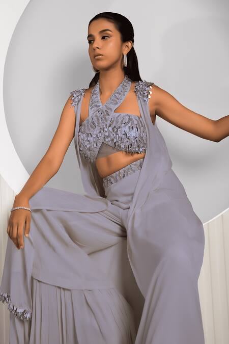 Buy_Jade By Ashima_Purple Crepe Beads, Pearls Square Neck, Halter Fennel Embroidered Shrug Pant Set _Online_at_Aza_Fashions