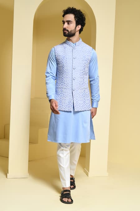 Buy Kustomeyes Blue Cotton, Silk Embroidery Geometric Bundi And Kurta Set Online at Aza Fashions Buy_Kustomeyes_Blue Cotton, Silk Embroidery Geometric Bundi And Kurta Set _Online_at_Aza_Fashions