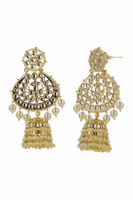 Shop Ishhaara Gold Plated Pearls, Stones Oval Shaped Jhumkas Online at Aza Fashions Shop_Ishhaara_Gold Plated Pearls, Stones Oval Shaped Jhumkas _Online_at_Aza_Fashions