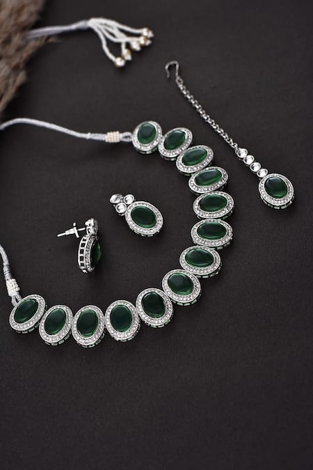 Buy_Swabhimann_Green Zari, Diamonds Zirconia Embellished Necklace Set_Online_at_Aza_Fashions