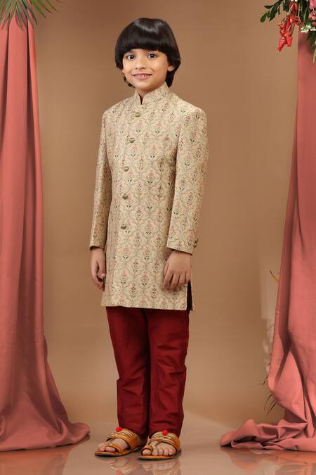 Buy_Kora By Nilesh Mitesh_Beige Silk Embroidery Zari Sherwani Set_Online_at_Aza_Fashions