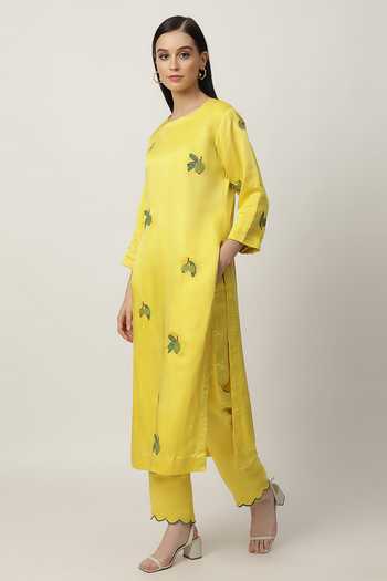 Buy Musal Yellow Chanderi, Satin Embroidery Round Neck Leslie Fruit Kurta Pant Set Online at Aza Fashions Buy_Musal_Yellow Chanderi, Satin Embroidery Round Neck Leslie Fruit Kurta Pant Set _Online_at_Aza_Fashions