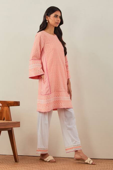 Buy_The Indian Cause_Peach Cotton Embroidery Thread Round Pak Wide Arm Kurta _Online_at_Aza_Fashions