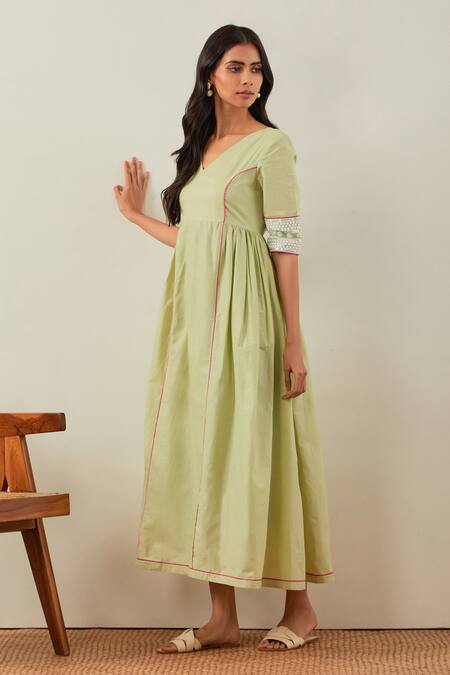 Buy The Indian Cause Green Cotton Embroidery, Sequins V-neck Chikankari Midi Dress Online at Aza Fashions Buy_The Indian Cause_Green Cotton Embroidery, Sequins V-neck Chikankari Midi Dress_Online_at_Aza_Fashions