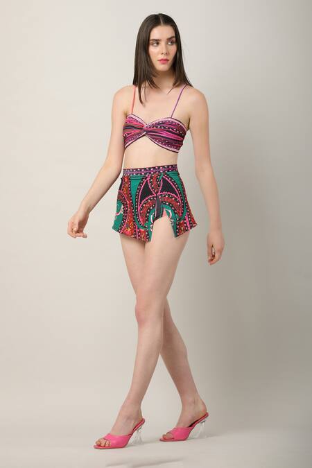 Limerick By Abirr N' Nanki Multi Color Polyester, Spandex Sweetheart Neck Alessia Printed Bikini Skirt Set Online at Aza Fashions Limerick By Abirr N' Nanki_Multi Color Polyester, Spandex Sweetheart Neck Alessia Printed Bikini Skirt Set _Online_at_Aza_Fashions