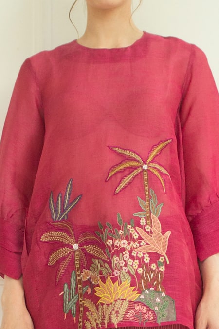 Buy_Oja_Pink Pant  , Tunic  Linen Embroidered And Set _Online_at_Aza_Fashions