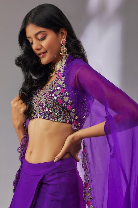 Buy Neha Khullar Purple Organza, Crepe Mirrors, Zari Embroidered Border Cape Dhoti Skirt Set Online at Aza Fashions Buy_Neha Khullar_Purple Organza, Crepe Mirrors, Zari Embroidered Border Cape Dhoti Skirt Set _Online_at_Aza_Fashions