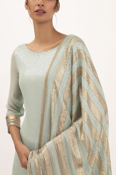 Shop_Nakul Sen_Blue Chiffon Sequin Boat Embroidered Kurta Set_Online_at_Aza_Fashions