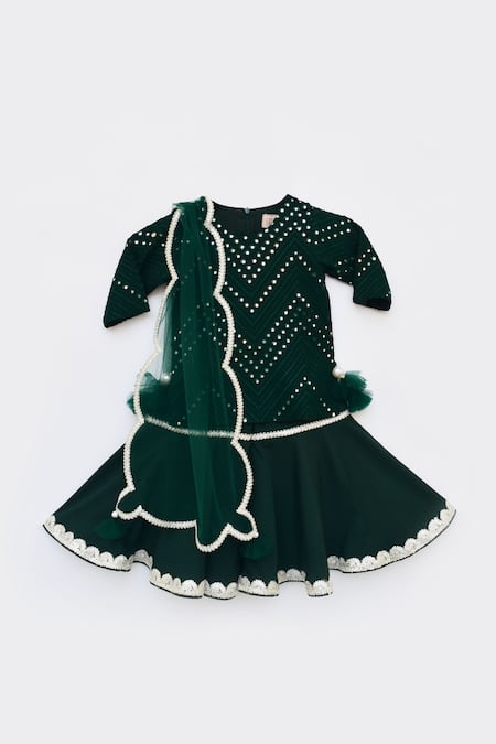 Buy_Fayon Kids_Green Net, Silk Pearls, Embroidery Mirror Work Kurta Sharara Set _Online_at_Aza_Fashions