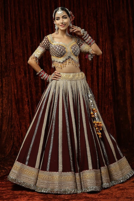 Shikhar Sharma Maroon Silk, Chanderi, Net Beads, Genda Phool Gota Bridal Lehenga Set Online at Aza Fashions Shikhar Sharma_Maroon Silk, Chanderi, Net Beads, Genda Phool Gota Bridal Lehenga Set _Online_at_Aza_Fashions