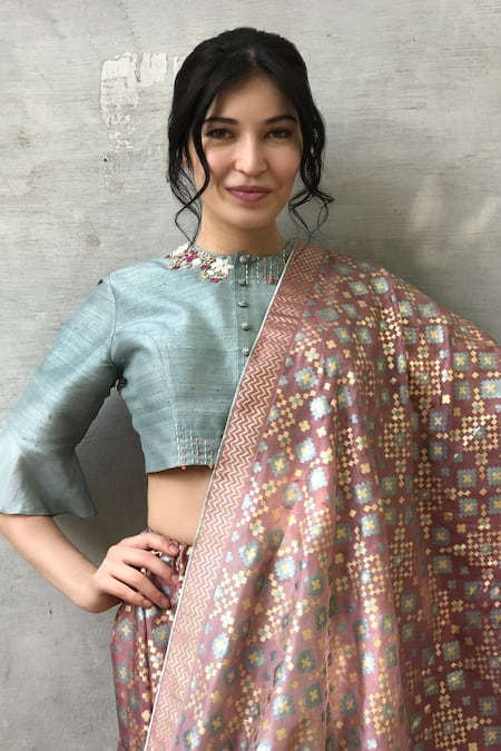 Shop_I Am Design_Purple Silk Ikat Print Pattern Saree _Online_at_Aza_Fashions